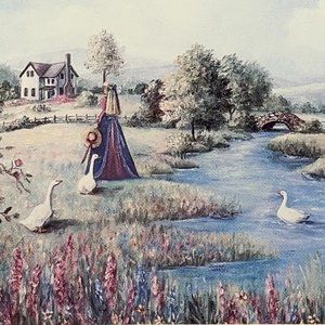 EUC Artist Glynda Turley Print of Girl By A Brook, Matted, Framed, 8" x 11 1/2"